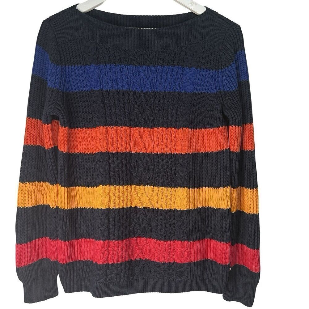 Tommy Hilfiger Striped Sweater Womens Small Boatneck Cotton Navy Blue Colorful